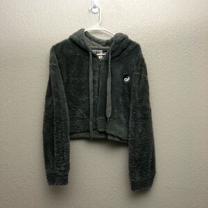 Satur‎ Daze Women’s Gray Yin Yang Cropped Hoodie Thick Soft Fleece Pile Large